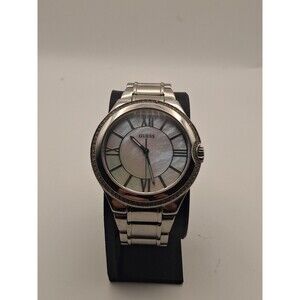 GUESS POLISHED SILVER TONE WHITE MOP DIAL w/ CRYSTALS Analog WATCH U12650L1